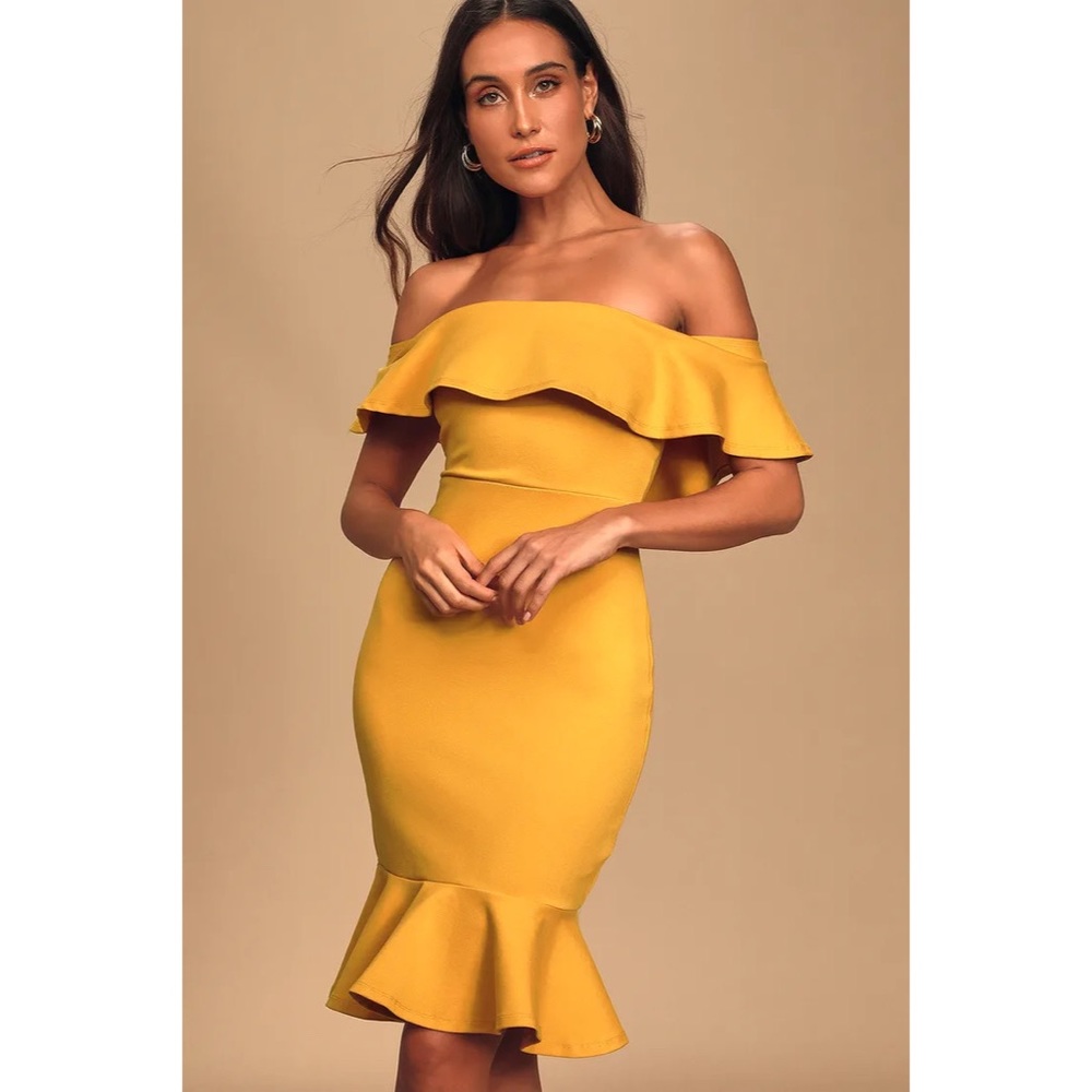 Lulus Mustard Yellow Off Shoulder Bodycon Dress - Picture 1 of 5